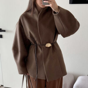 High-grade Brown Waist-tight Woolen Coat For Women