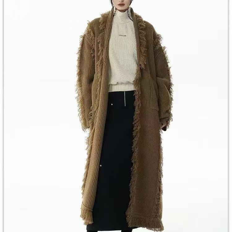 Retro Design Tassel Solid Color Sweater Coat - Image 8