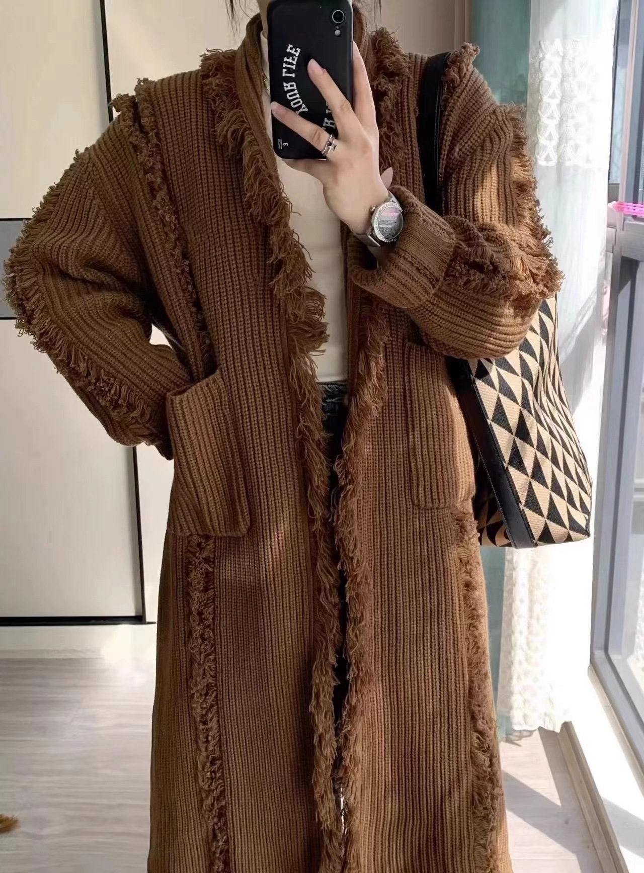 Retro Design Tassel Solid Color Sweater Coat - Image 5