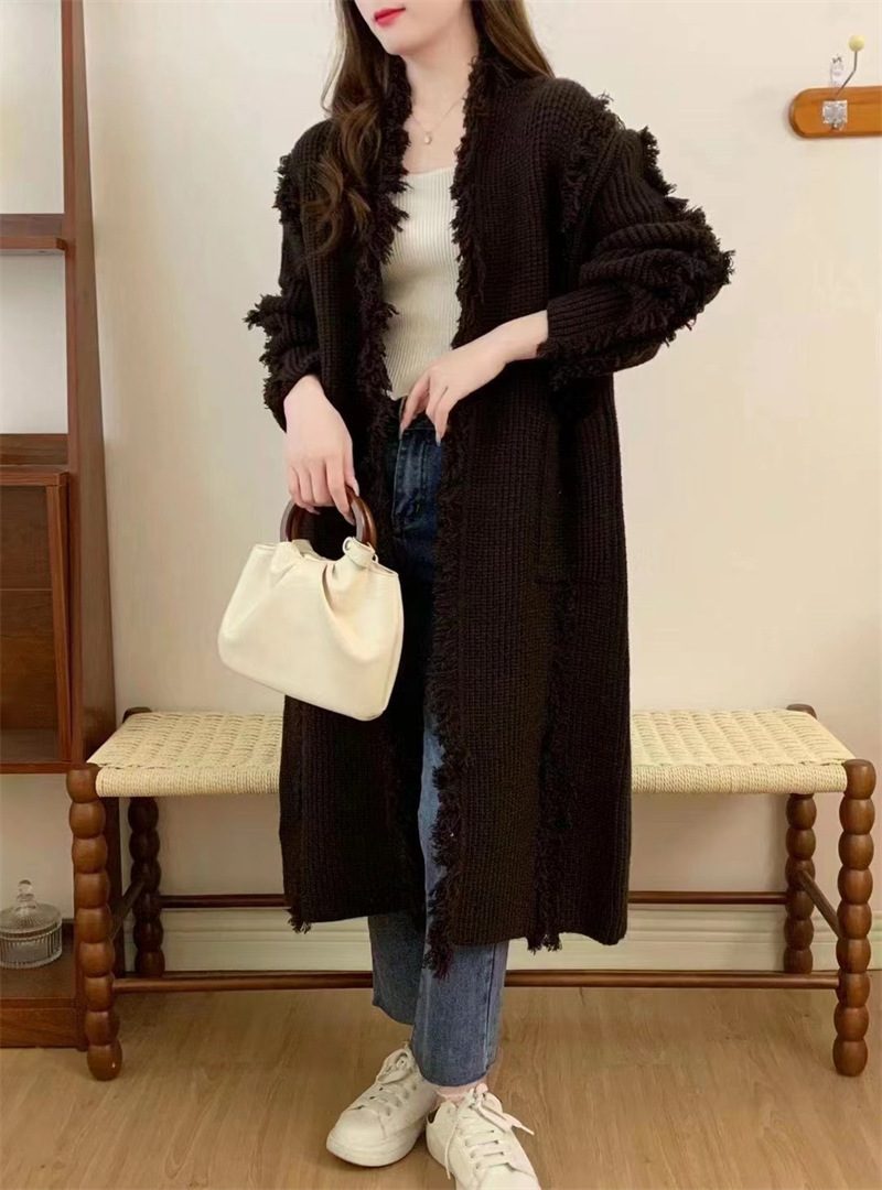 Retro Design Tassel Solid Color Sweater Coat - Image 6